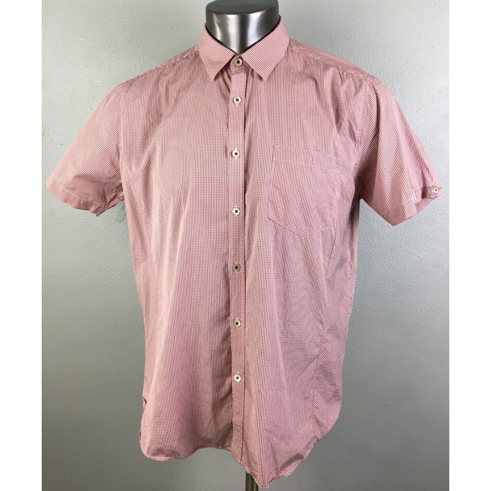 Ted Baker Short Sleeve Button Front Shirt Mens Size 5 Red White Cotton Stetch